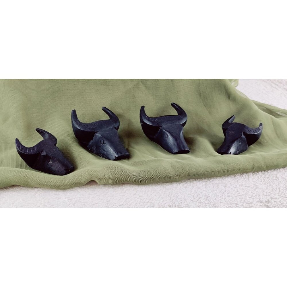 Water Buffalo Napkin Rings Hand Carved Hard Wood Black Set of 8 Vtg MCM Bull Hds - Picture 6 of 10